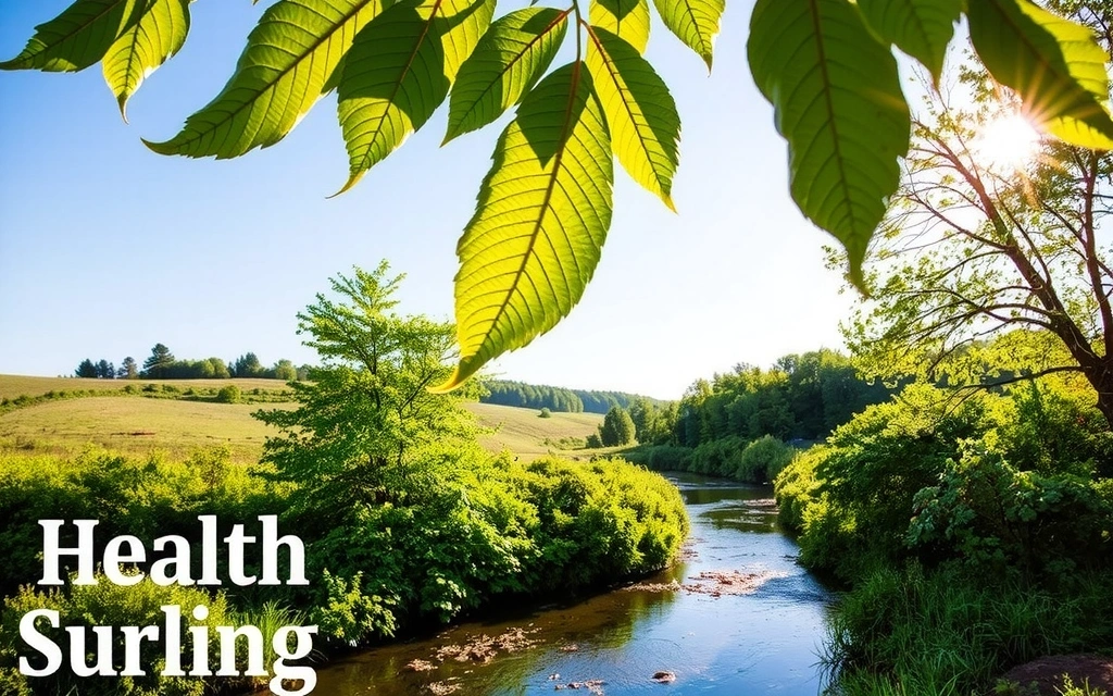 A serene natural landscape with vibrant green foliage and a clear blue sky, symbolizing health and vitality.