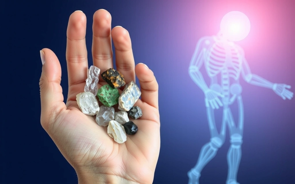 Mână care ține minerale cristaline și un grafic stilizat al metabolismului, simbolizând minerale și metabolism.