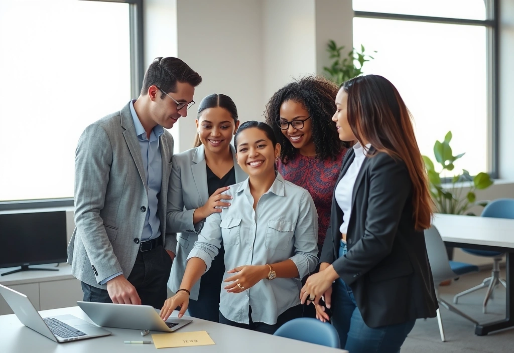 O echipă diversă de profesioniști în sănătate colaborând într-un mediu luminos și modern, simbolizând cunoașterea și comunitatea.