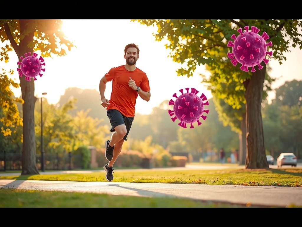 O persoană plină de energie, alergând într-un parc însorit, cu reprezentări subtile ale celulelor imunitare