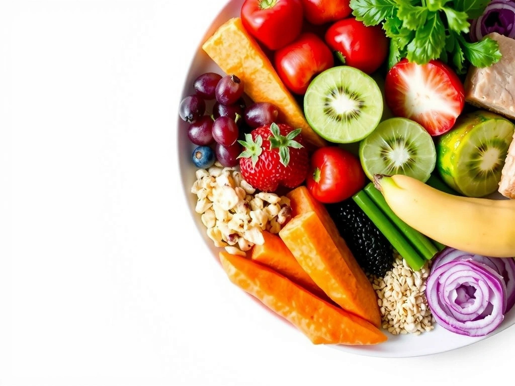 O farfurie plină cu alimente sănătoase și colorate