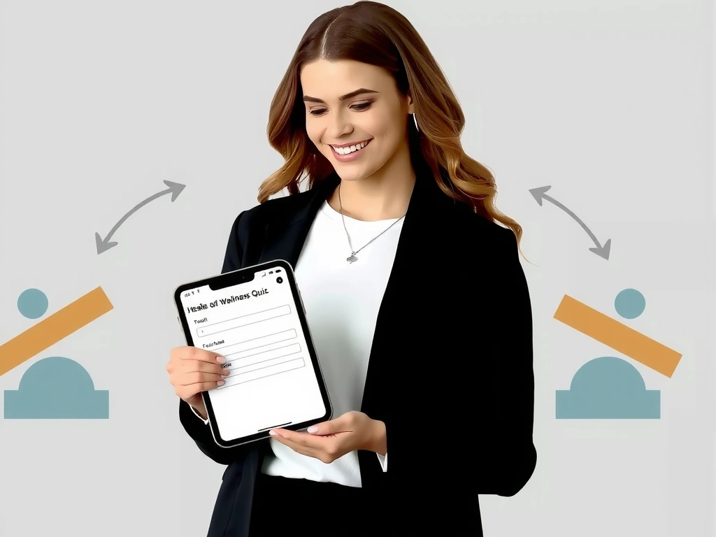 O femeie zâmbitoare care completează un test online pe o tabletă, cu simboluri de sănătate și bunăstare în fundal.