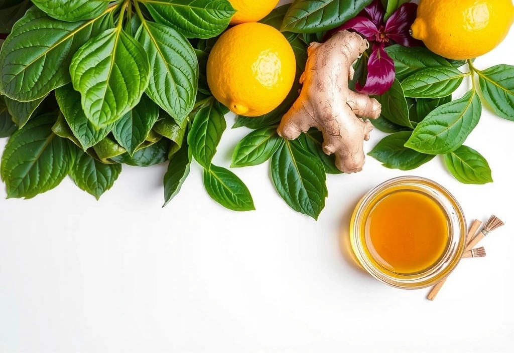 O selecție de ingrediente naturale pentru detoxifiere, cum ar fi lămâi, ghimbir și verdețuri.