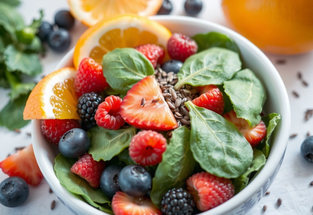 Un bol plin cu fructe proaspete, legume verzi și semințe, simbolizând o alimentație sănătoasă.
