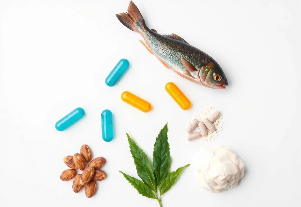 A minimalist arrangement of various supplement capsules and natural ingredients like fish oil, magnesium, and probiotics.