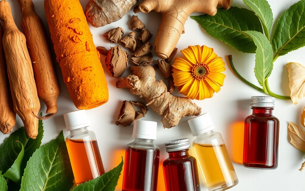 Diverse extracte vegetale și plante medicinale precum turmeric, ghimbir și echinaceea.