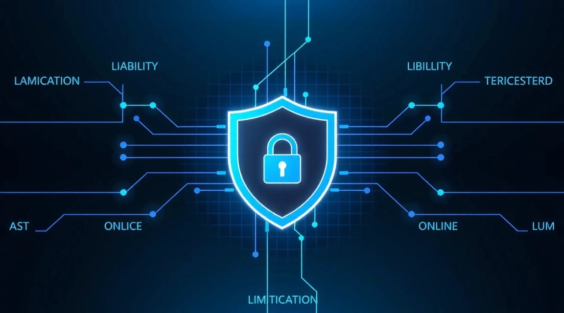 Imagine metaforică cu un scut de protecție digitală simbolizând limitarea răspunderii și securitatea online