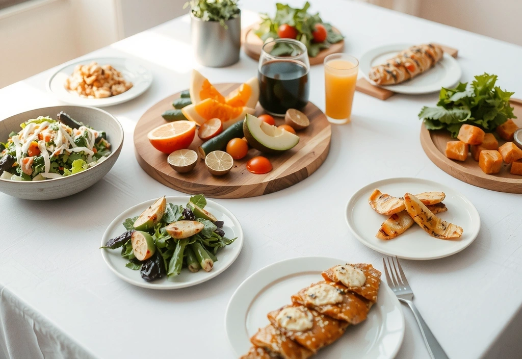 O masă aranjată estetic cu diverse feluri de mâncare sănătoase, bogate în legume și fructe proaspete.